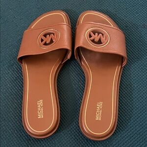 Michael Kors Tan Brown Logo Slide Sandals